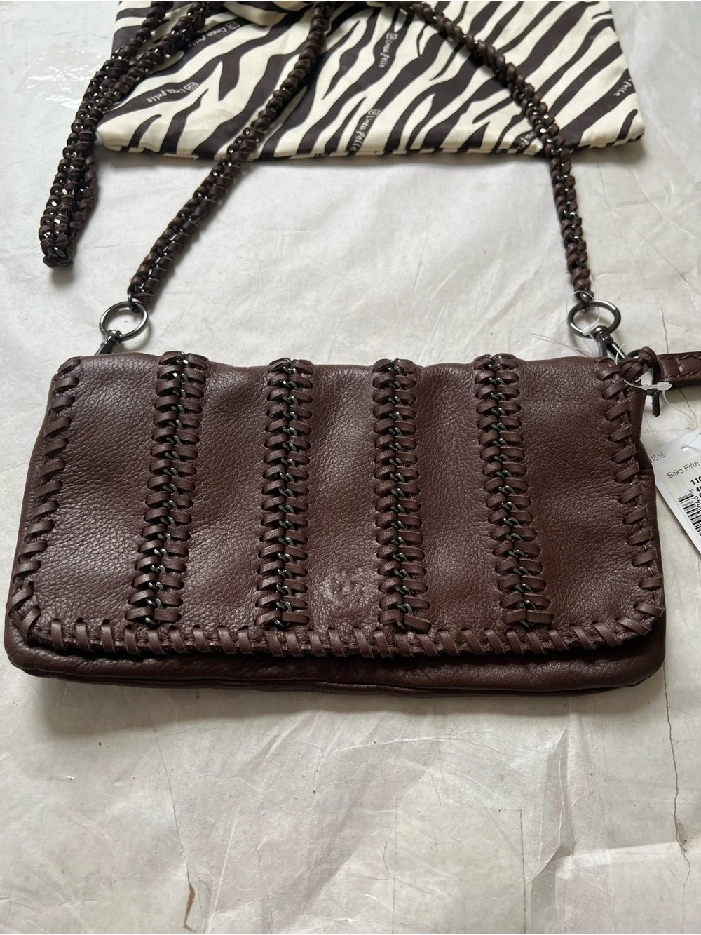 NWT $275 Linea Pelle Soft Brown Leather Whipstitch Chain Crossbody Bag Wristlet